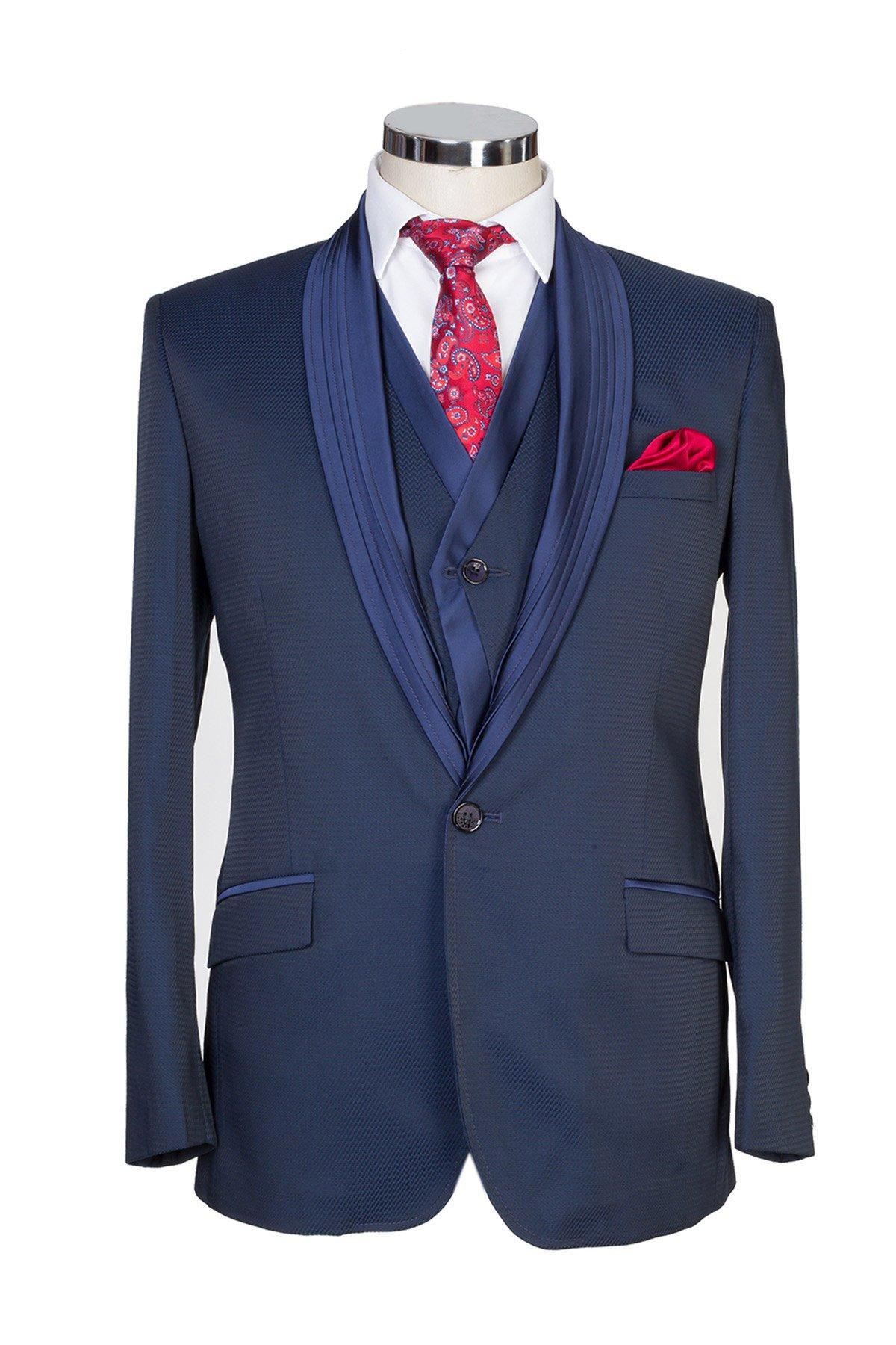 Blue Colored Textured Finish Ready Made Suit