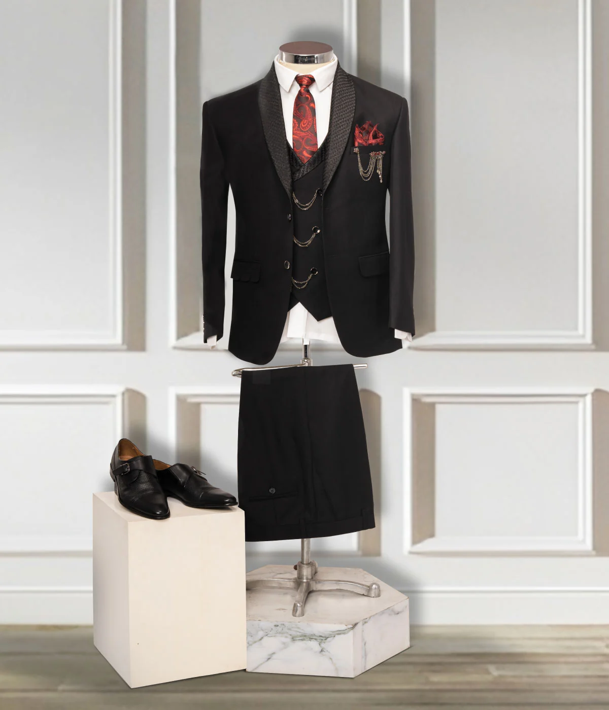 Black Colored Textured Finish Shawl Suit
