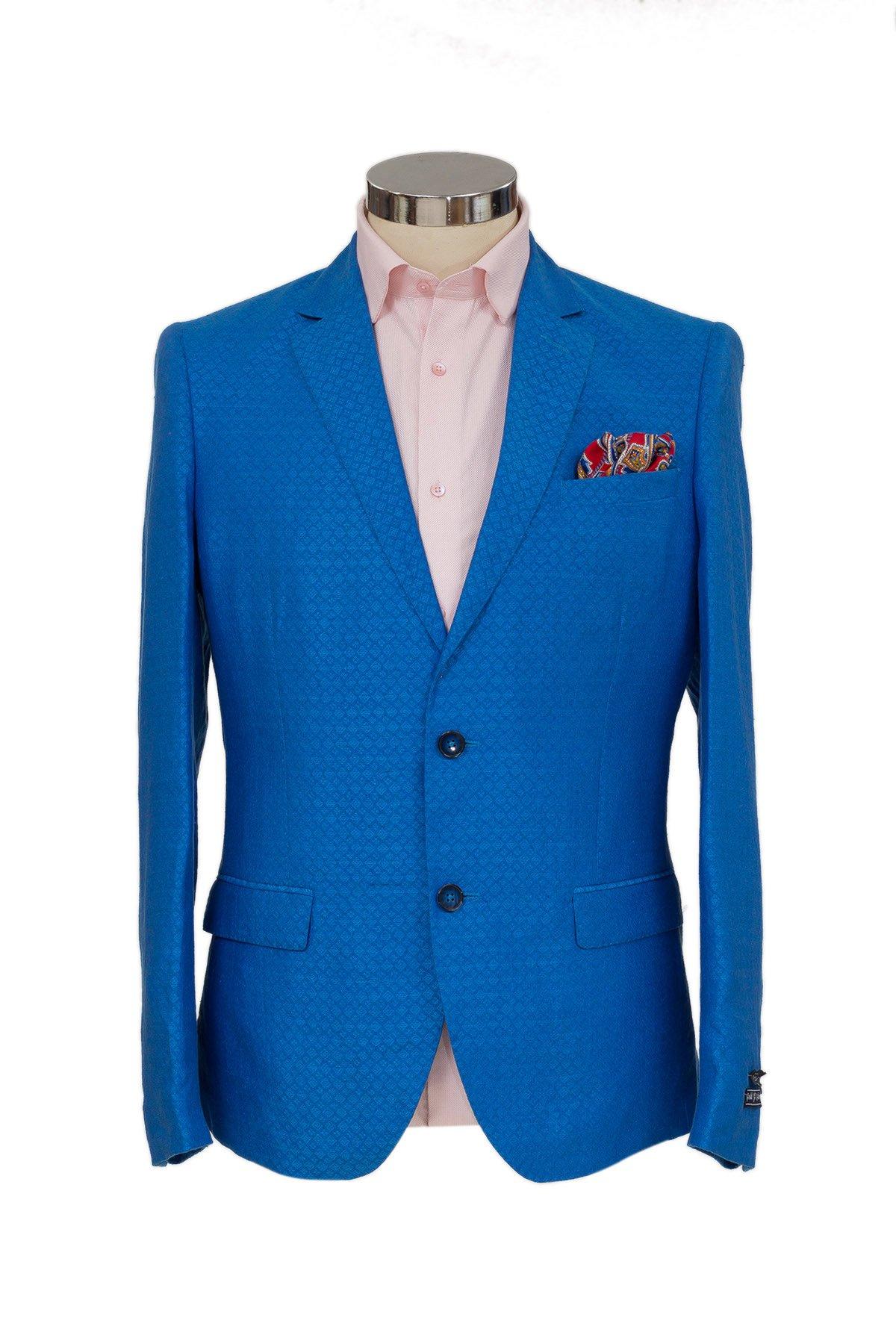 Blue Colored Printed Smart Casual Jacket