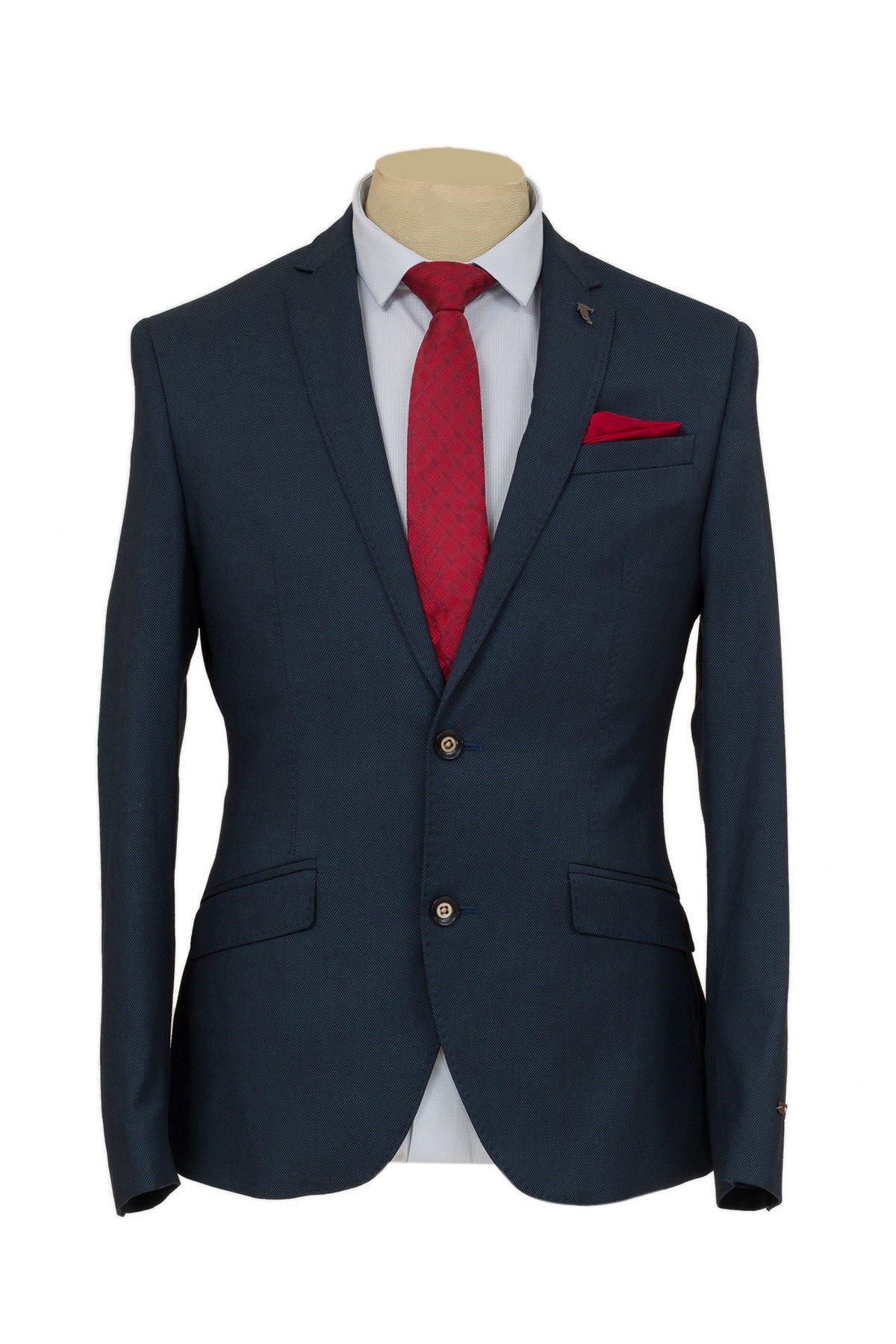 Navy Colored Textured Finish Ready Made Suit