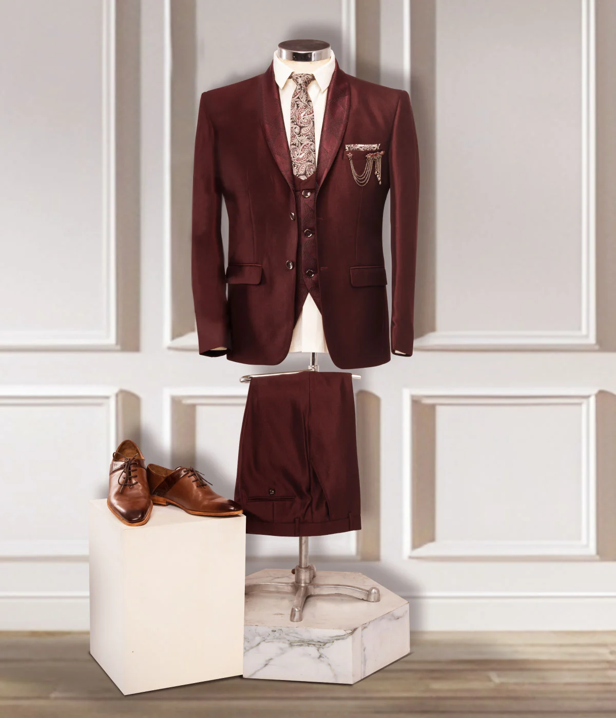 Maroon Colored Textured Finish Shaw Suit