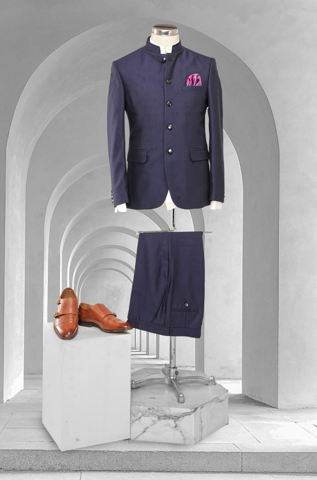 Blue Colored Textured Finish Jodhpuri Suit