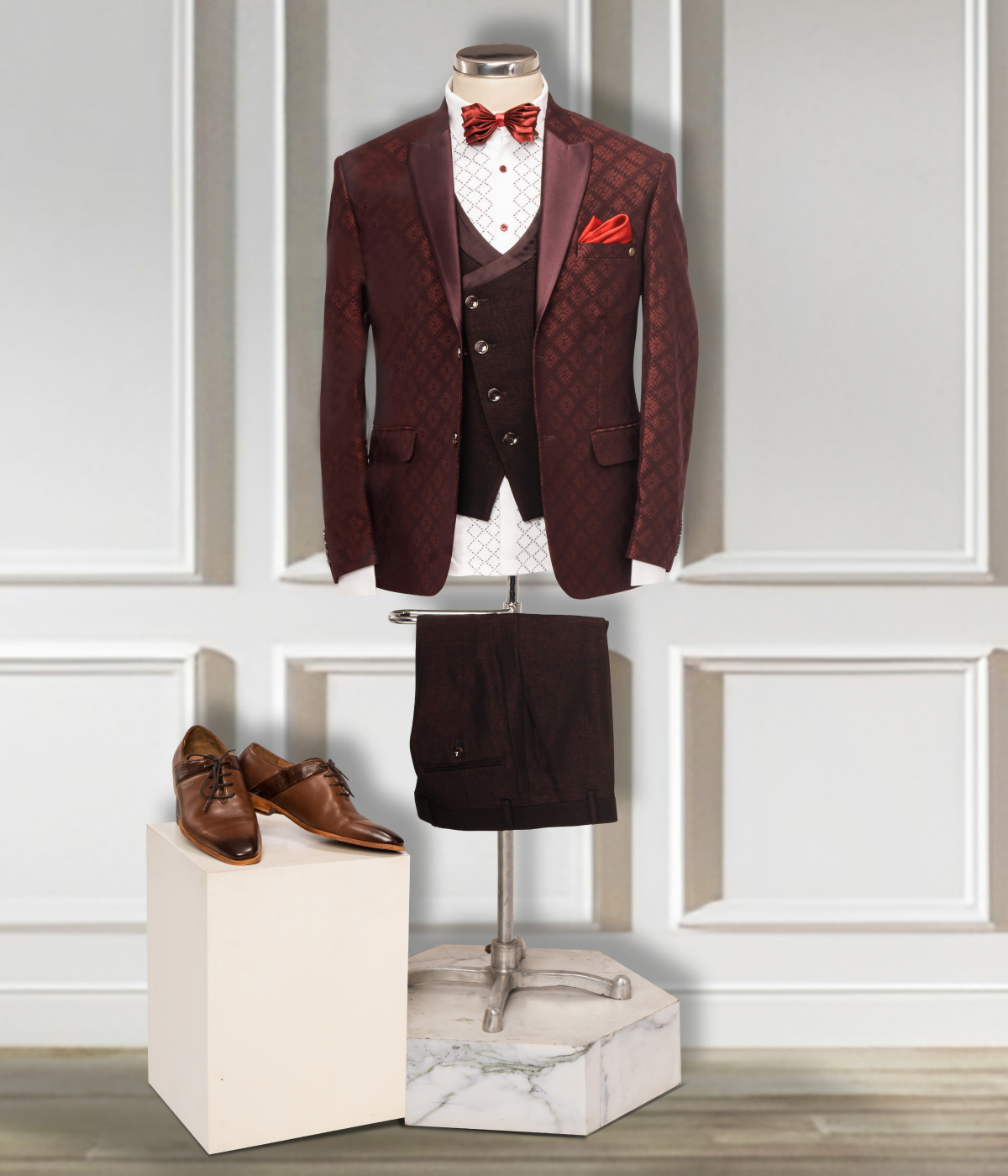 Maroon Colored Textured Finish Ceremonial Peak Suit