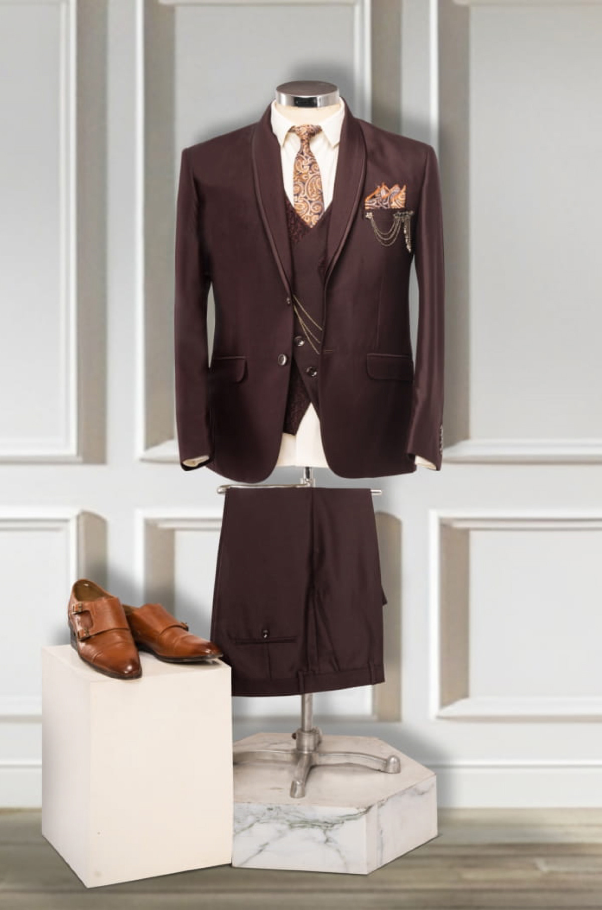 Wine Colored Textured Finish Ceremonial Shawl Suit
