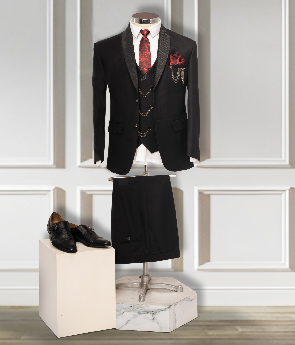 Black Colored Textured Finish Shawl Suit