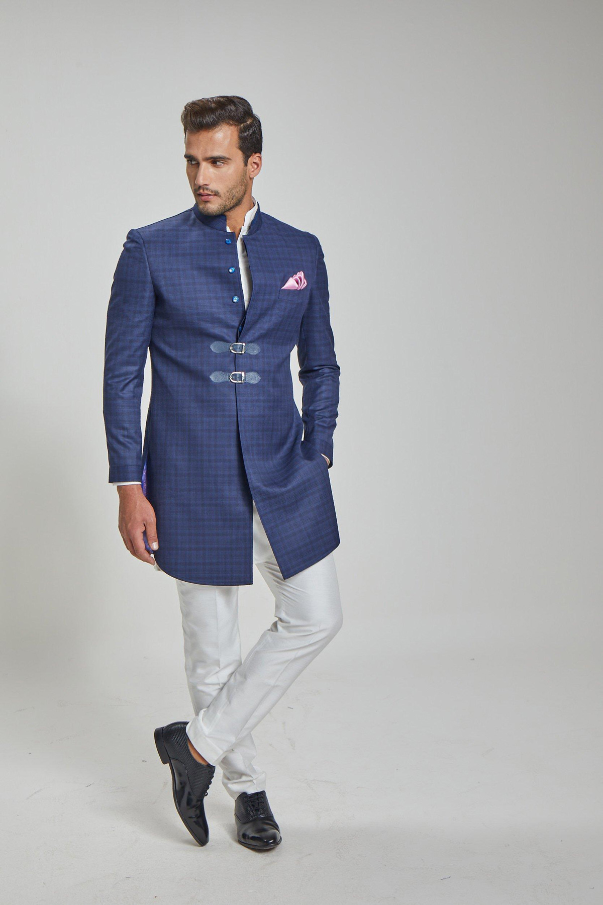 Blue Colored Textured Finish Achkan