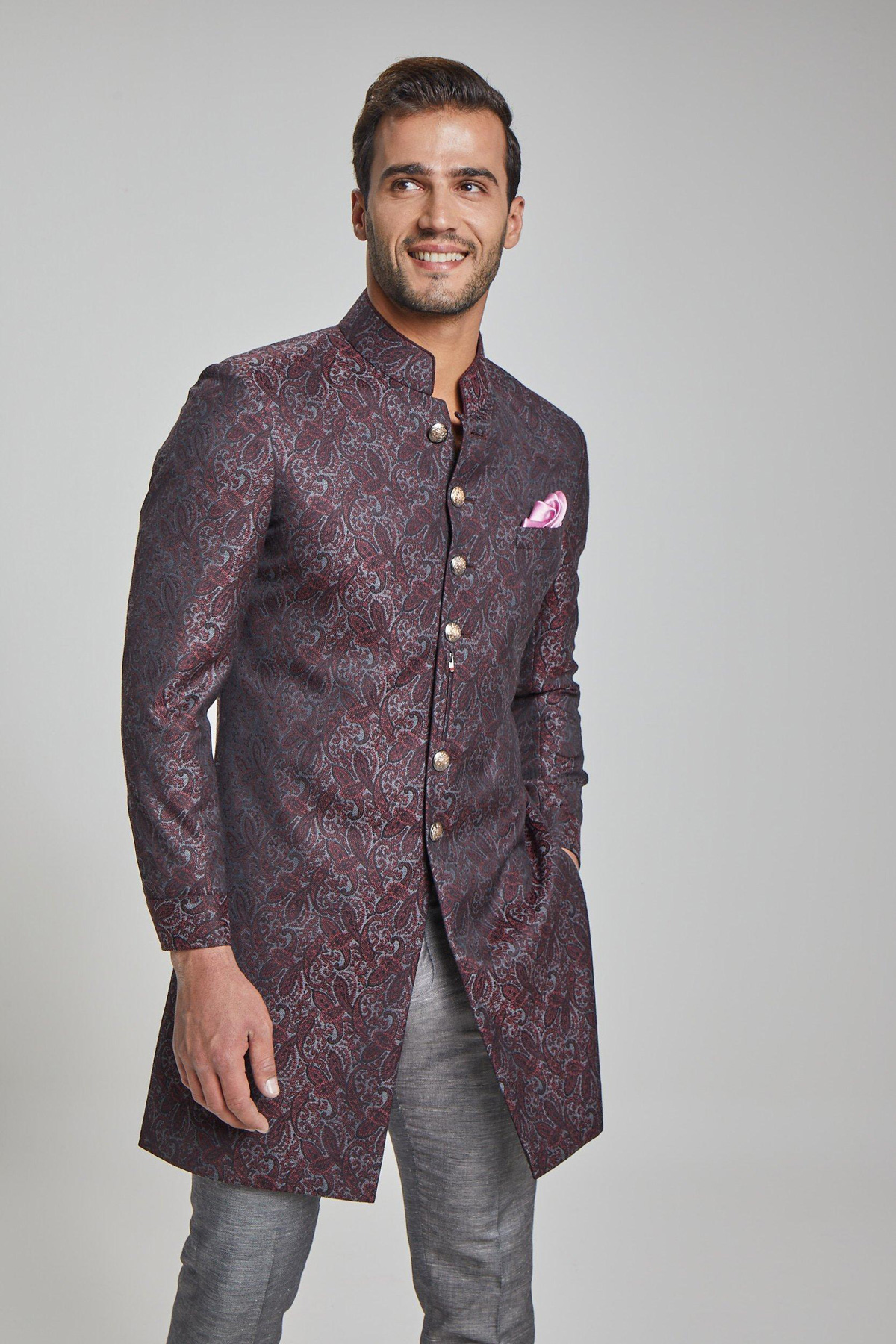 Maroon Colored Textured Finish Achkan