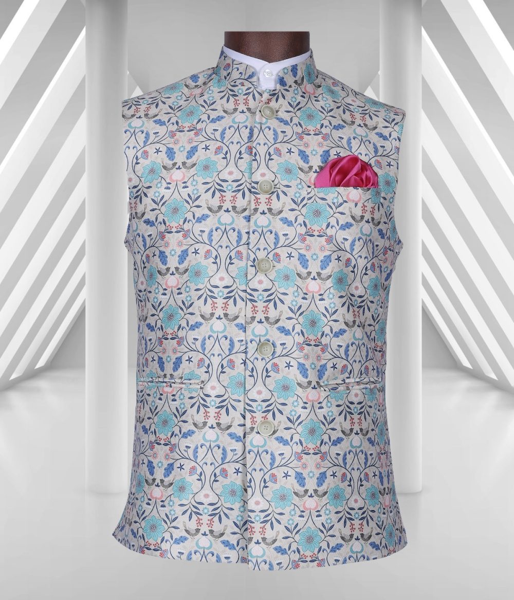 Blue Colored Slim Fit Printed Nehru Men's Bundi Jacket