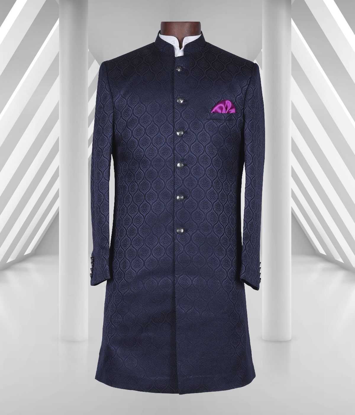 Blue Colored Jacquard Textured Men's Achkan Suit