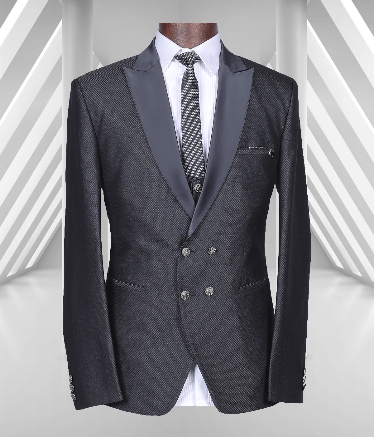 Grey Colored Textured Men's Tuxedo 5/Pc Suit