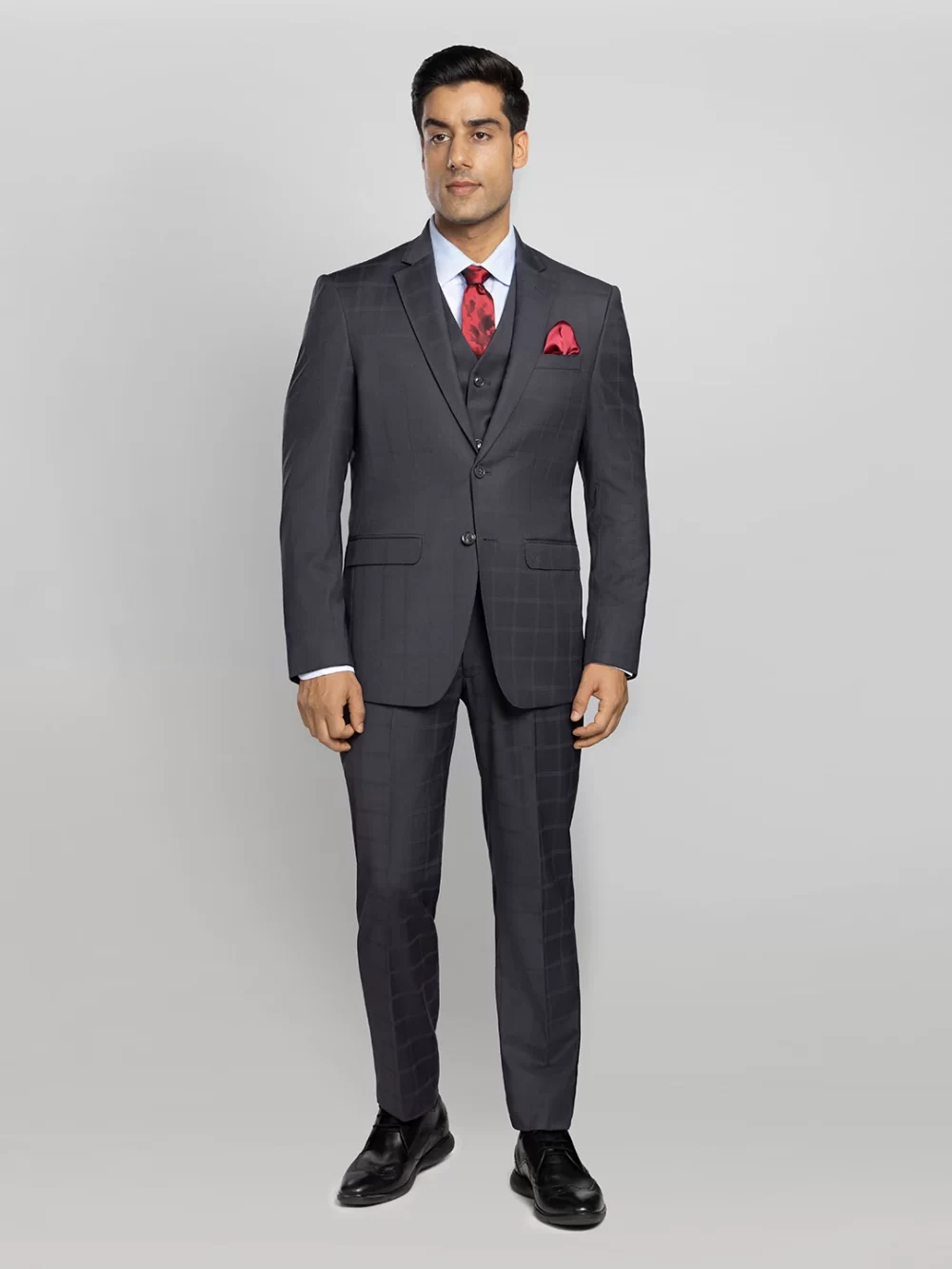 Men's 3 piece Checkered Business Suit - Grey