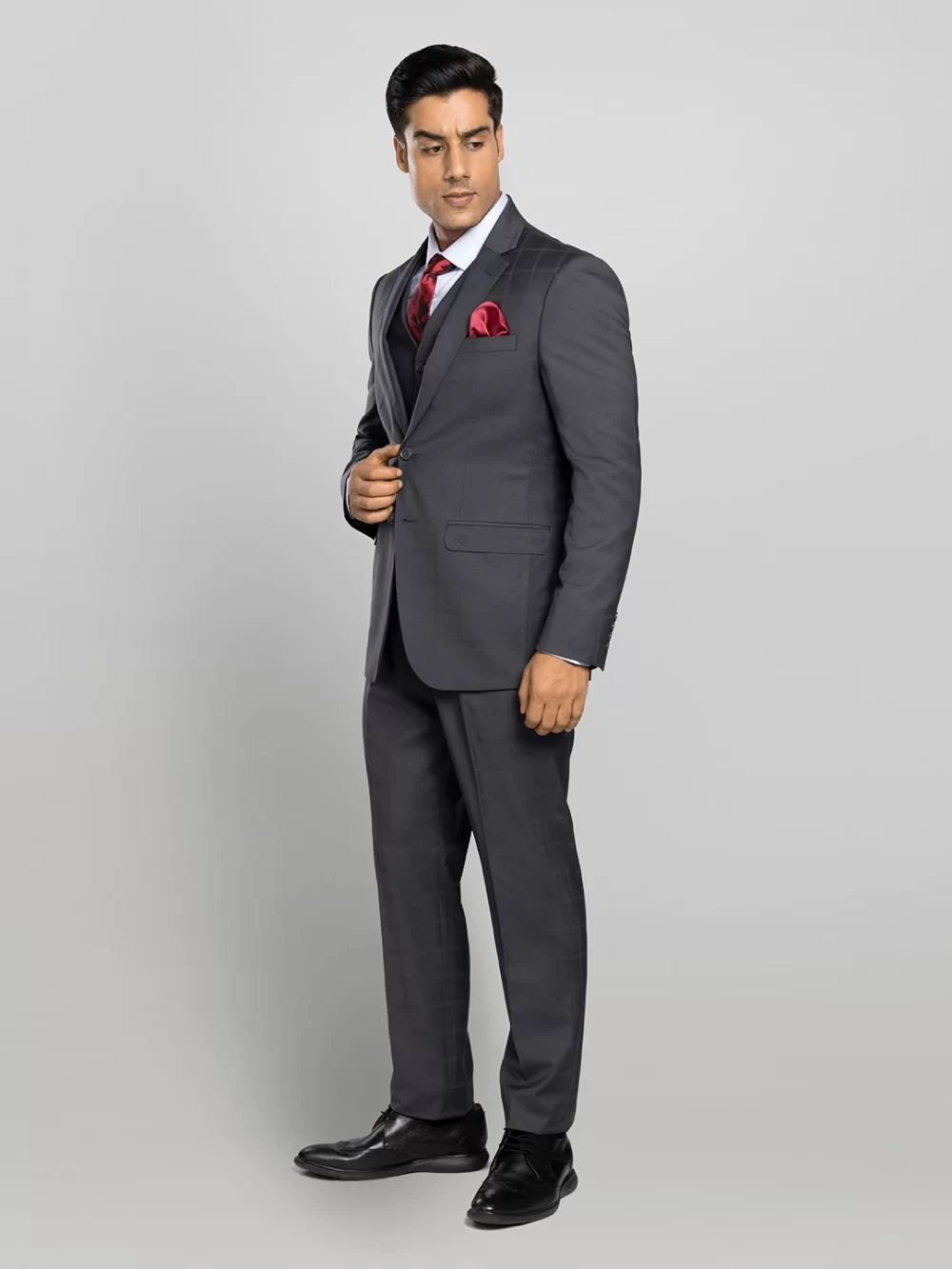 Men's 3 piece Checkered Business Suit - Grey