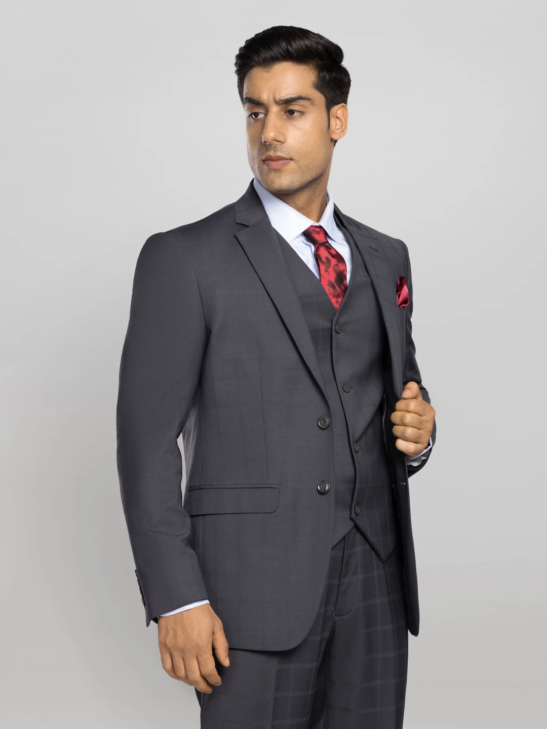 Men's 3 piece Checkered Business Suit - Grey