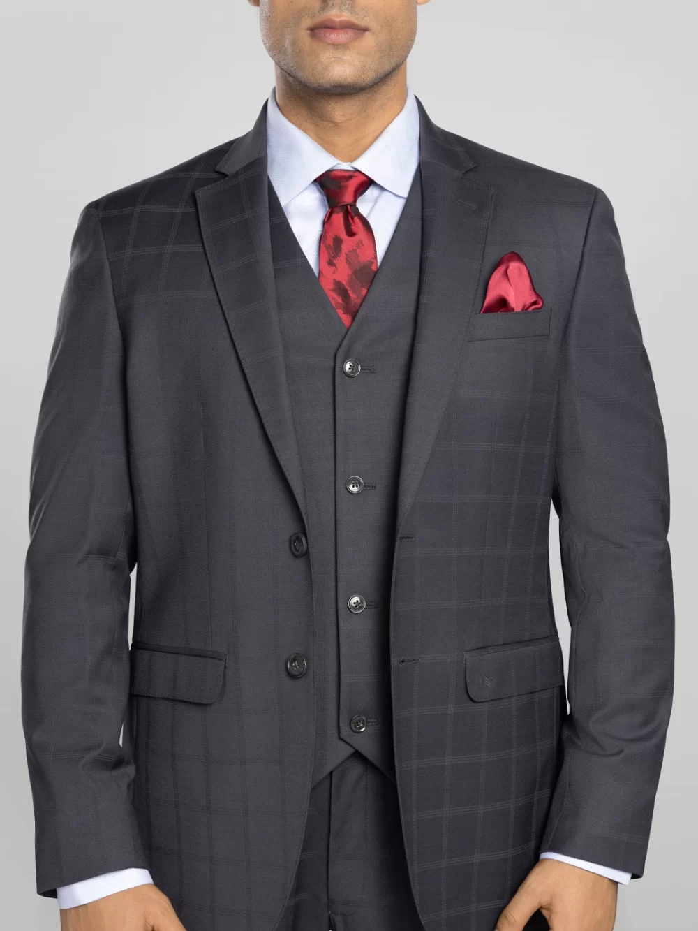 Men's 3 piece Checkered Business Suit - Grey