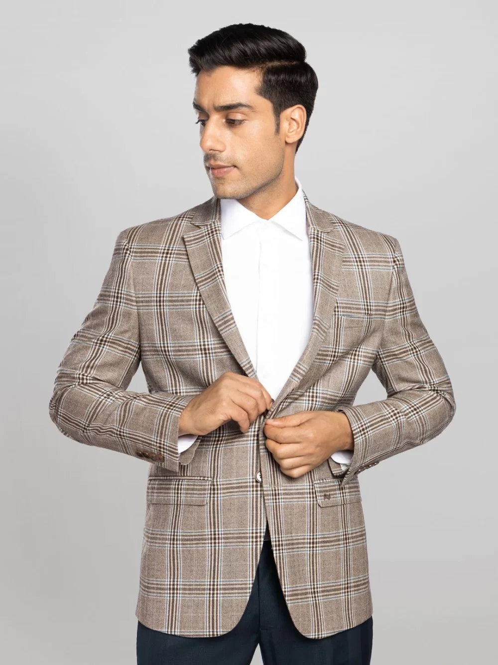 P N RAO Men's Checkered Jacket with Notch Lapel - Beige