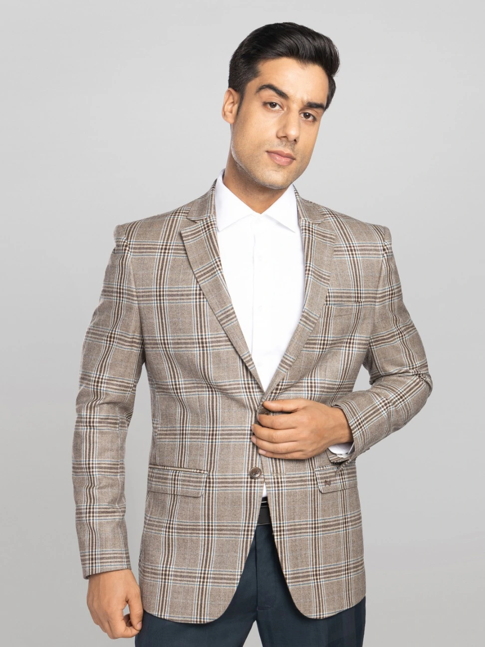 P N RAO Men's Checkered Jacket with Notch Lapel - Beige
