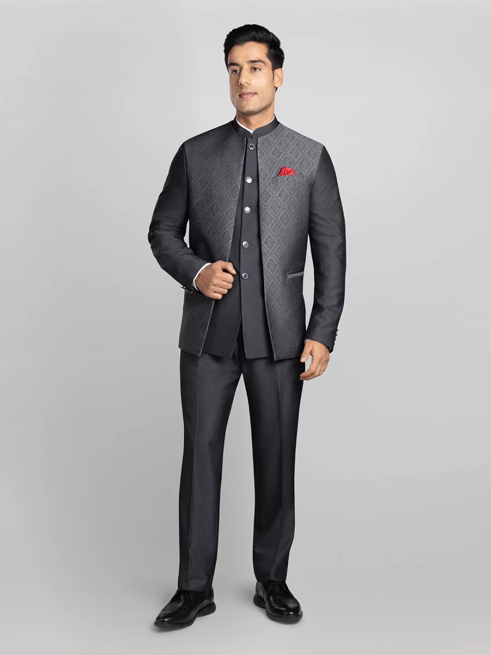 2 piece Textured Bandhgala - Grey