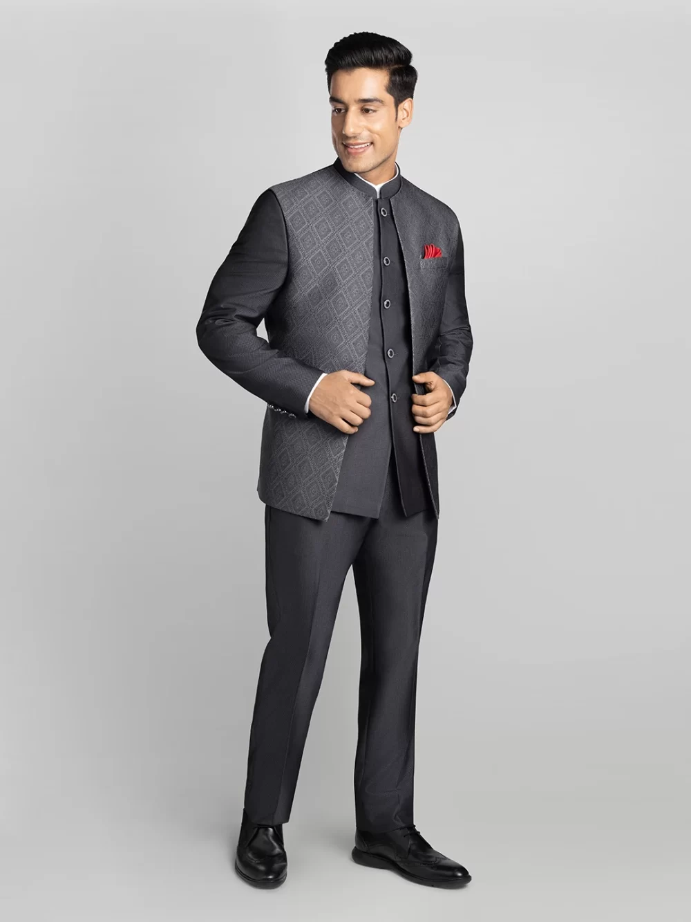 2 piece Textured Bandhgala - Grey