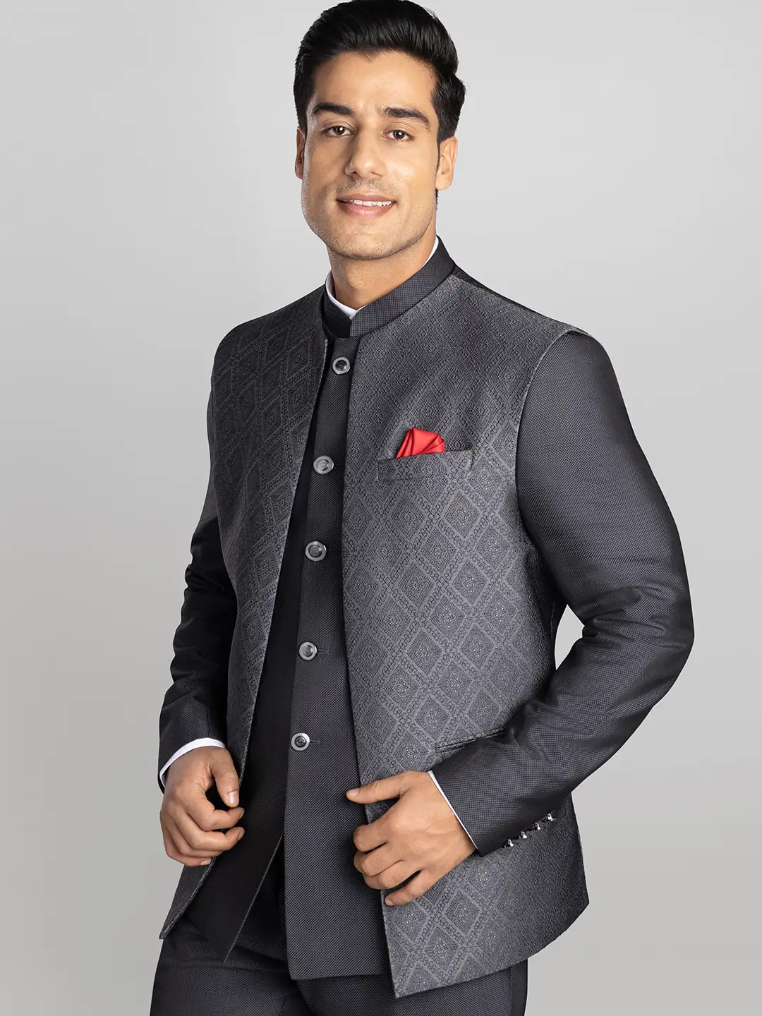 2 piece Textured Bandhgala - Grey