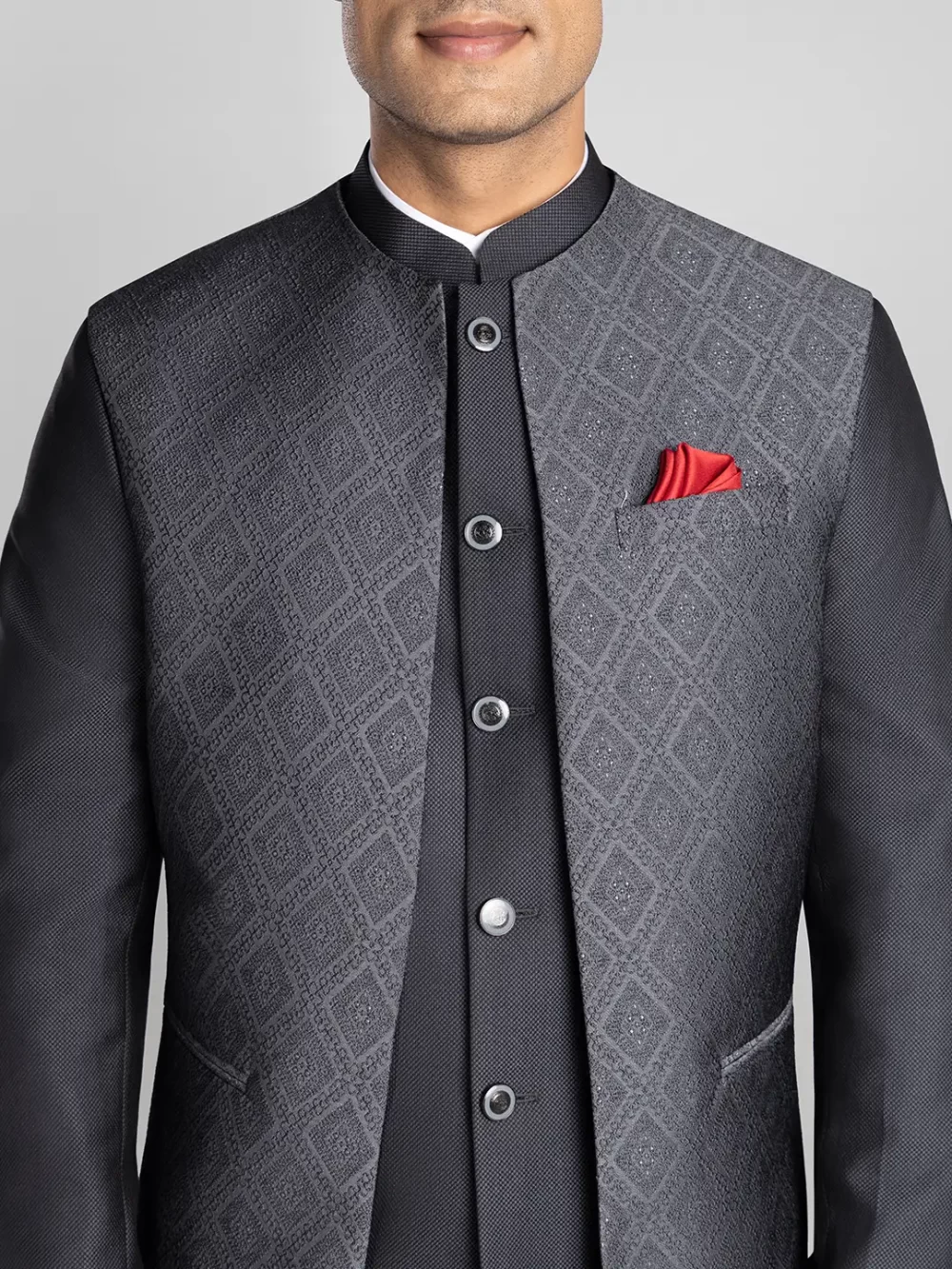 2 piece Textured Bandhgala - Grey