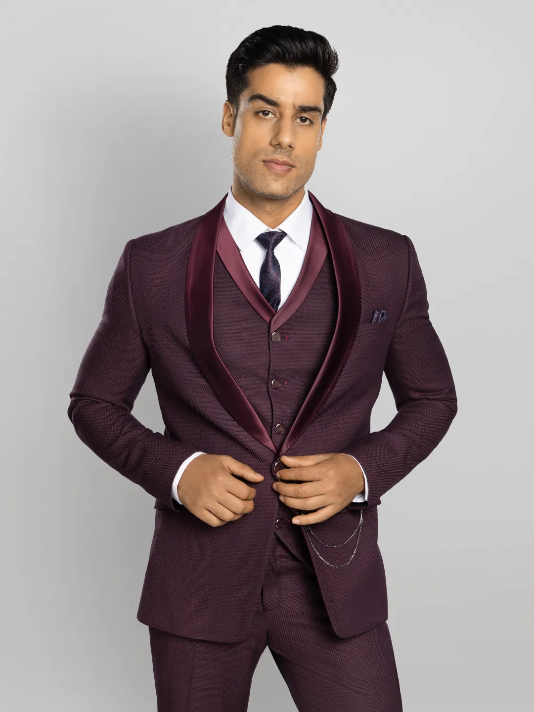 5 piece Textured Tuxedo Suit - Wine