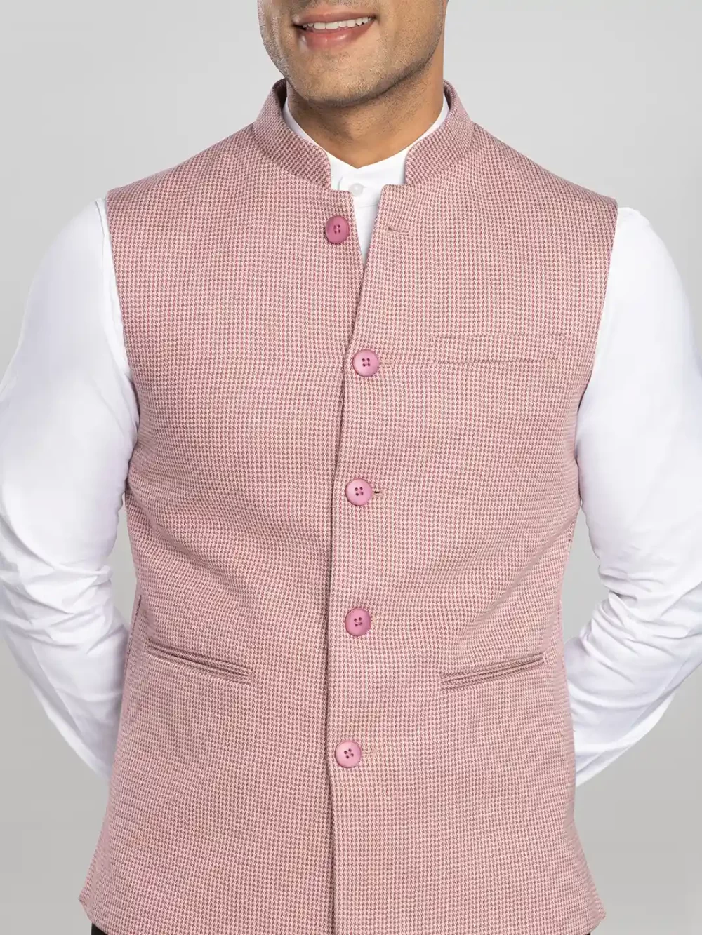 Slim Fit Textured Nehru Men's Bundi Jacket - Light Pink