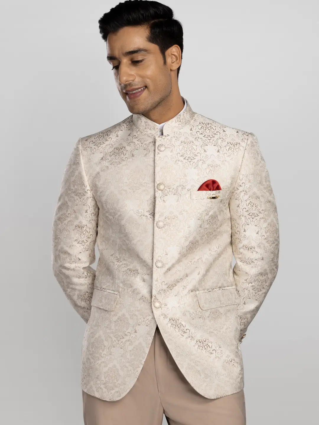 Beige Jacquard Jodhpuri Suit 260209