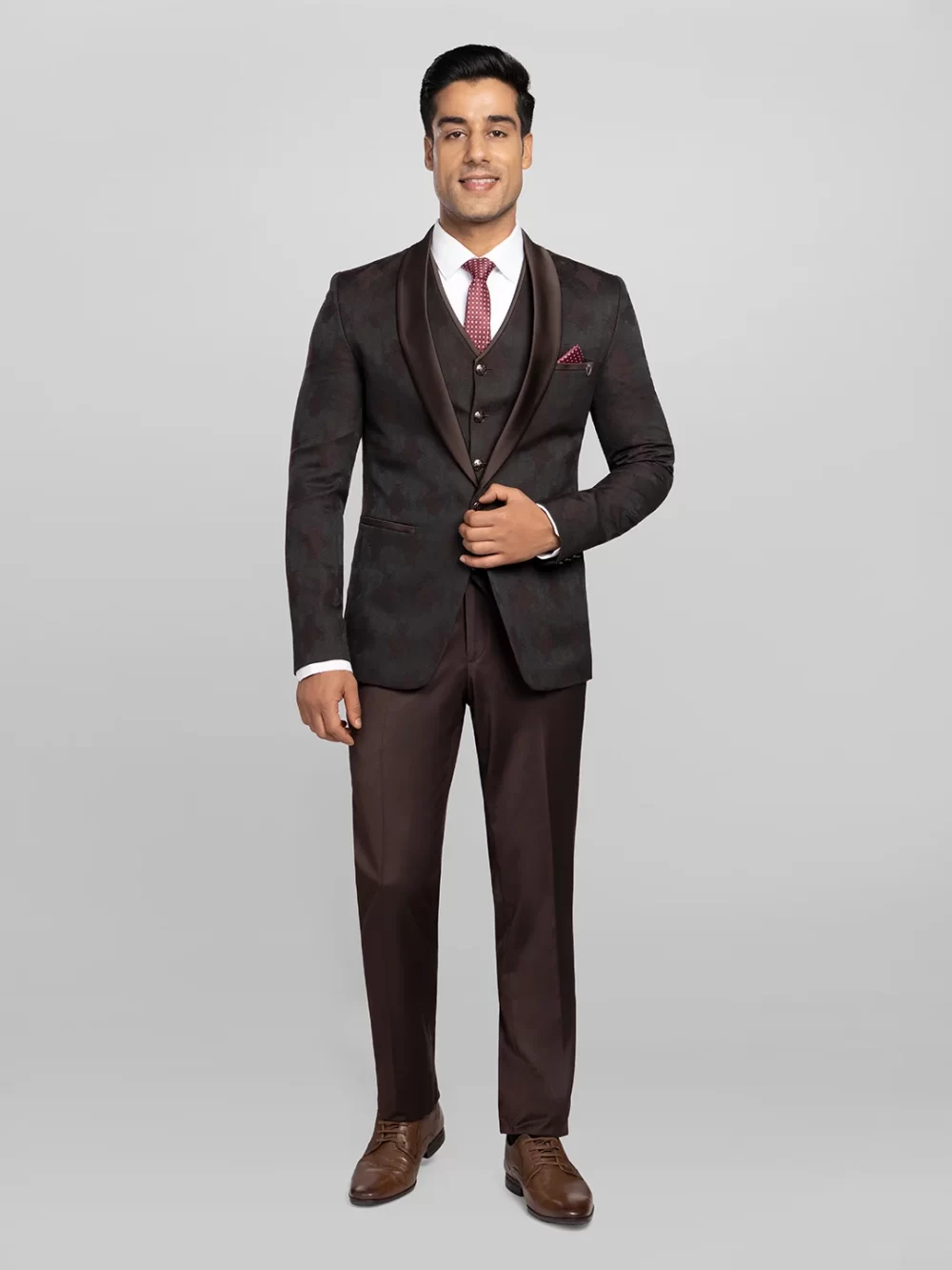 5 piece Textured Tuxedo Suit - Wine