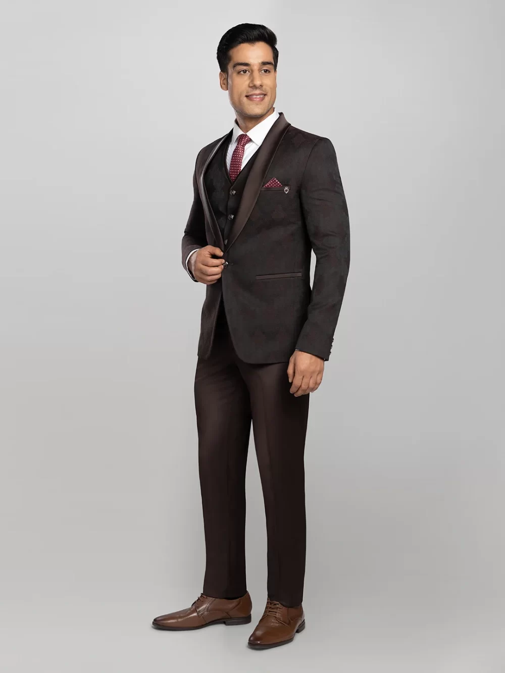 5 piece Textured Tuxedo Suit - Wine