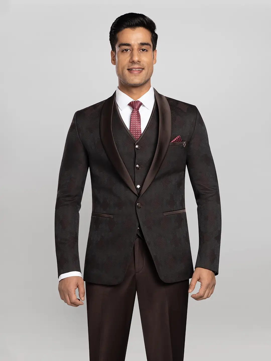 5 piece Textured Tuxedo Suit - Wine