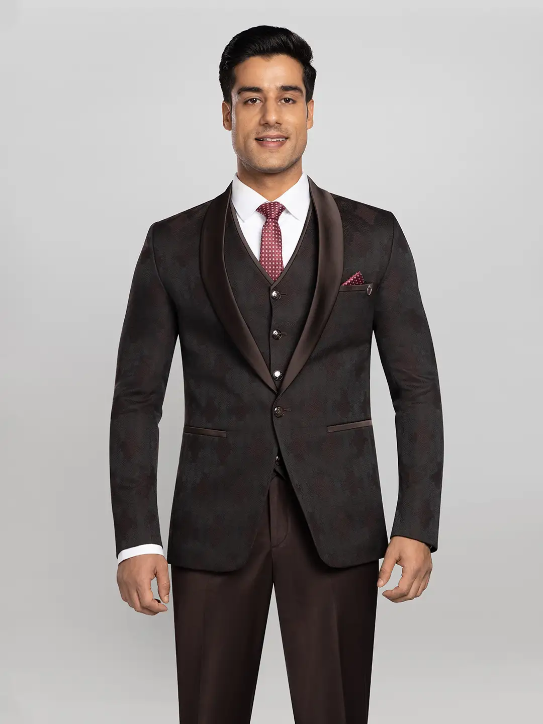 5 piece Textured Tuxedo Suit Wine P N RAO