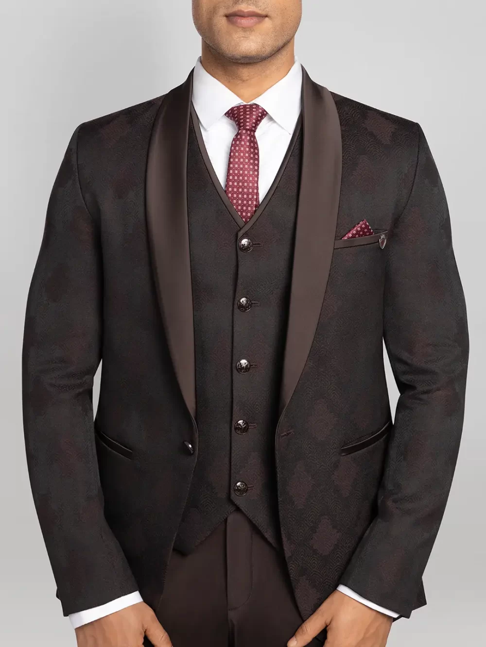 5 piece Textured Tuxedo Suit - Wine