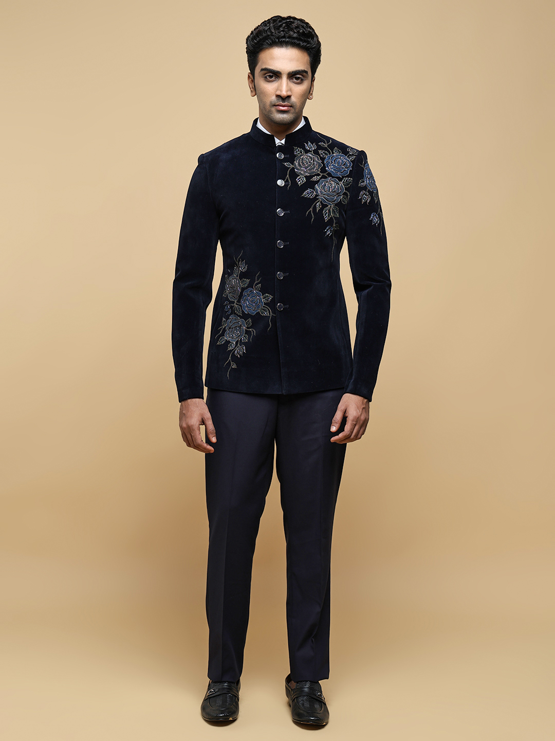 Blue Color Flower Embroidered Bandhgala Suit