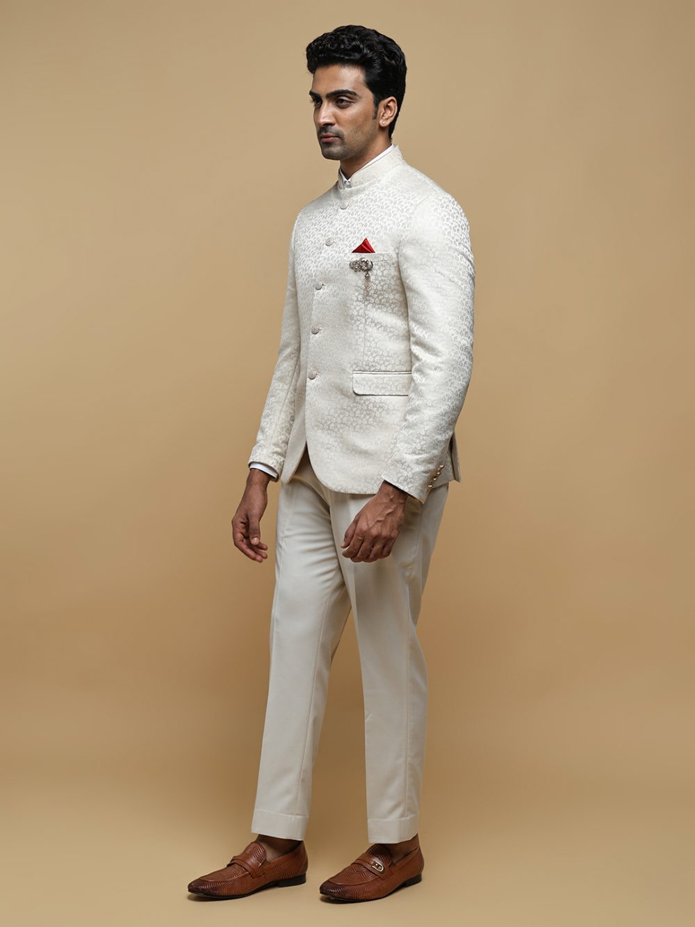Beige color Jaquard Bandhgala Suit