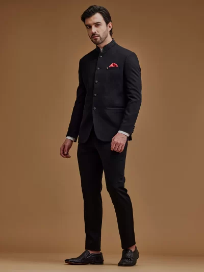 Black Textured Stone Work Indo Western Bandhgala