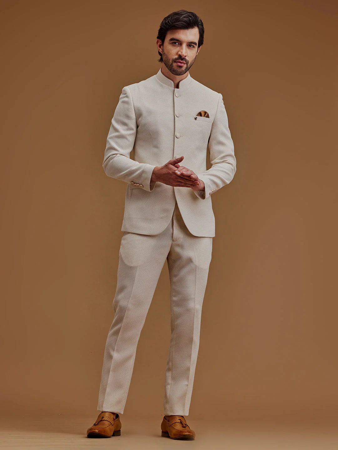 Cream Textured Indo Western Bandhgala