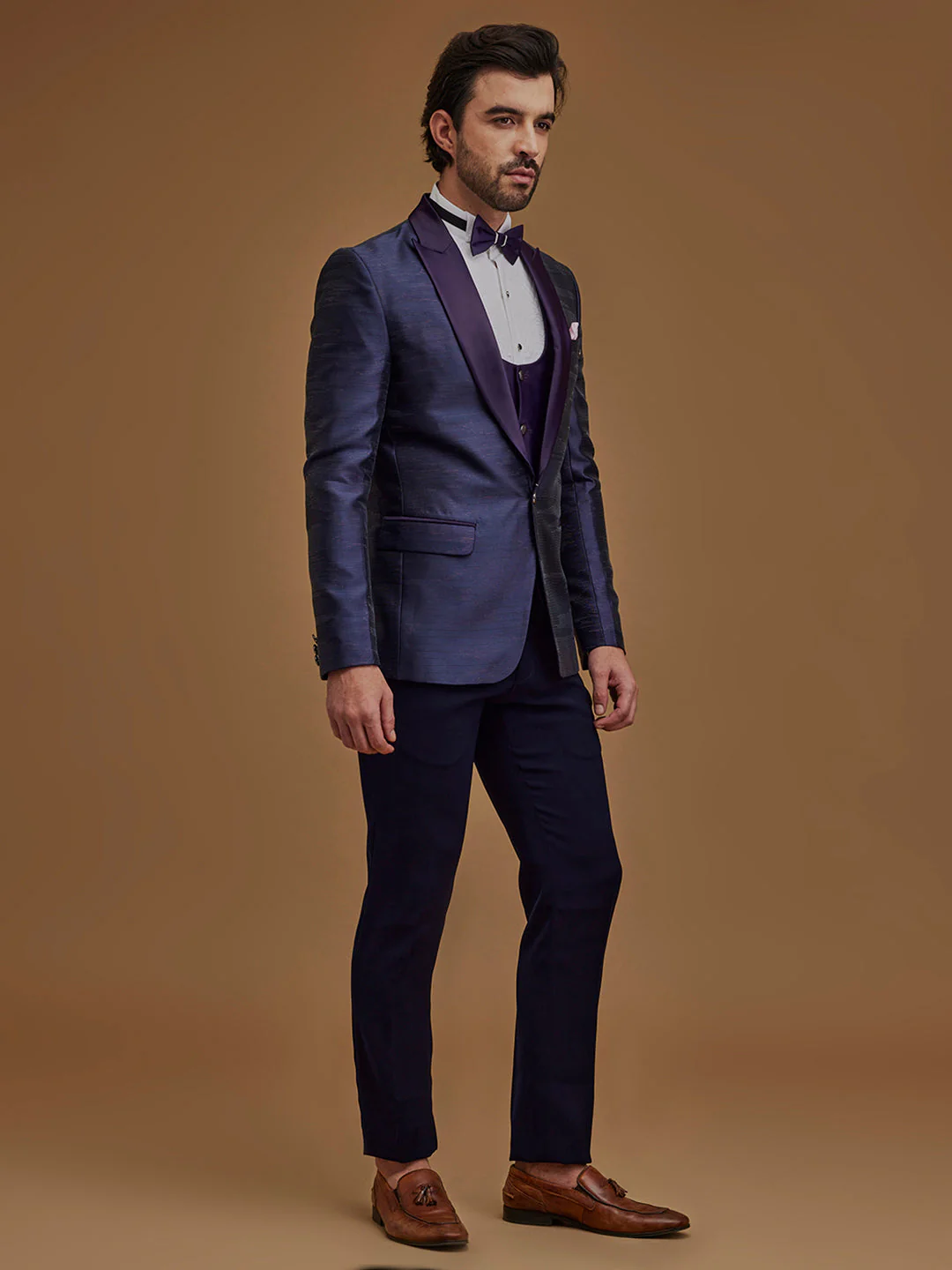 Single Breasted Stripes Purple 5-Piece Suit