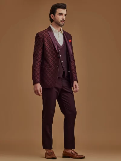 Wine Printed Single Breasted Five Piece Suit