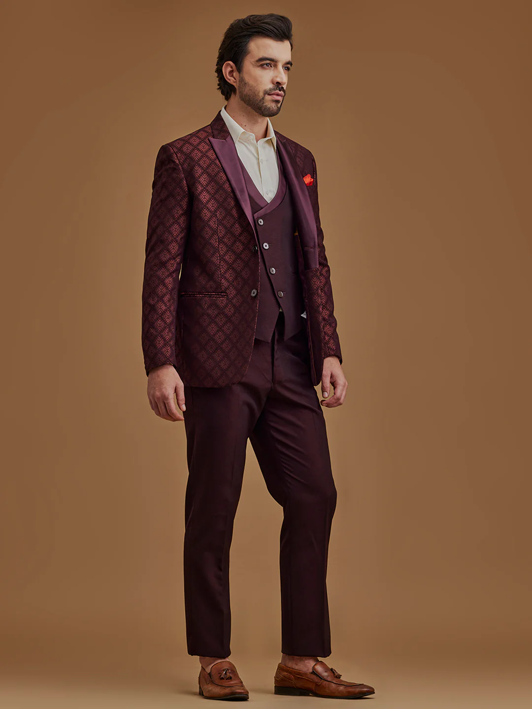 Wine Printed Single Breasted Five Piece Suit